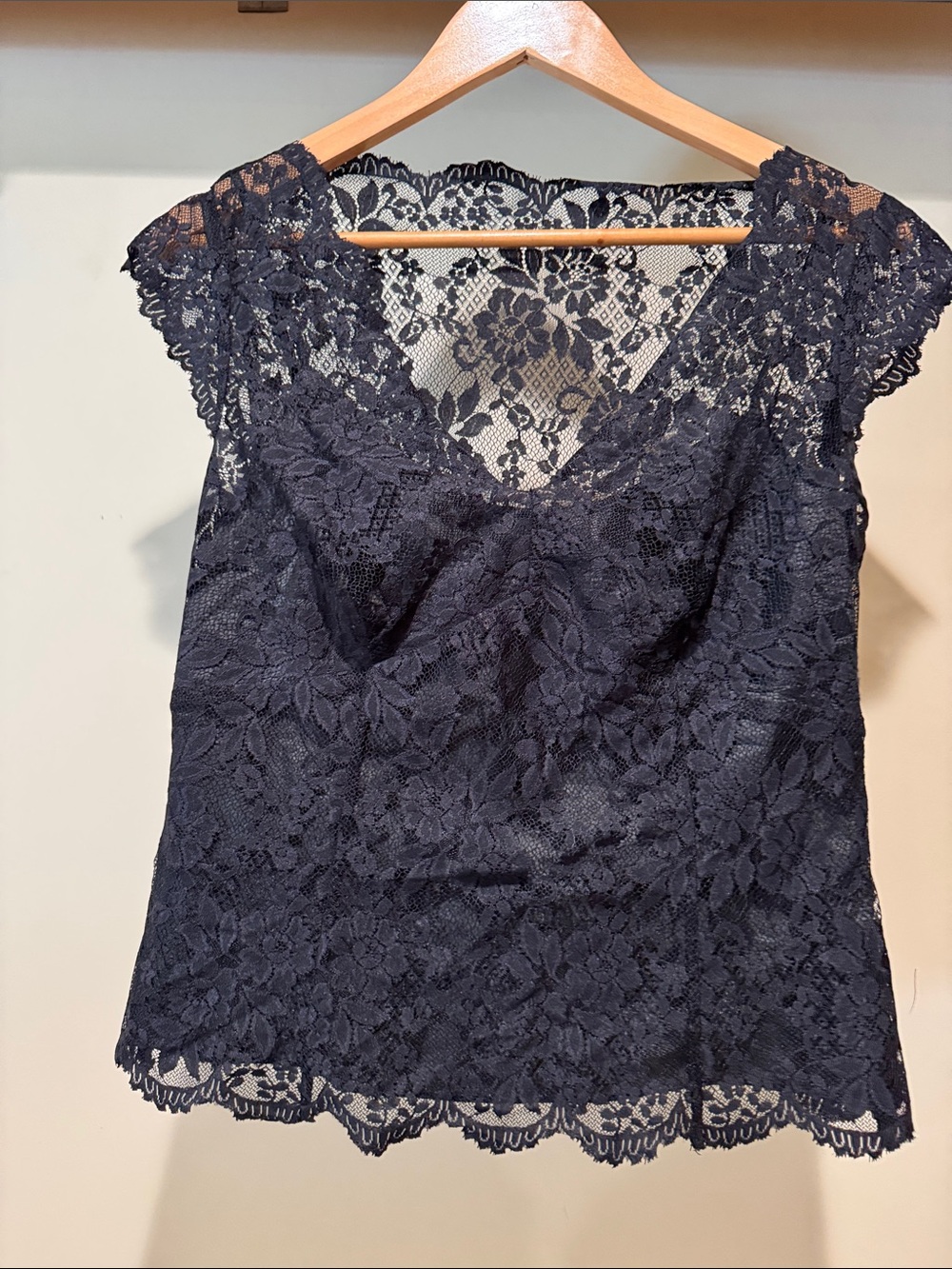 Ann Taylor Black Lace Overlay V-Neck Blouse